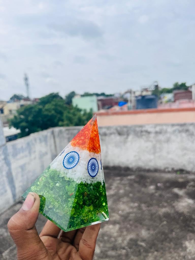 Large Orgone Crystal Pyramid Indian Flag Tiranga Organite Money Crystal Healing Stone Pyramid Positive Energy Home Office Table Decor Gift