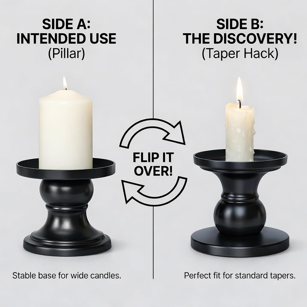 Matte Black Iron Pillar Candle Holders, 2pcs Reversible Design for Pillar & Taper Candles, Living Room Dining Table Fireplace Decor, Meditation, De-Stress, Romantic Ambiance