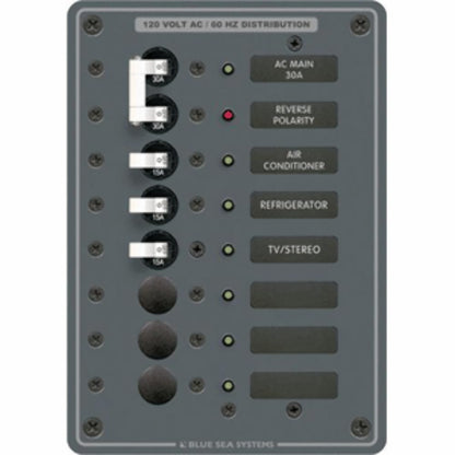 Blue Sea Systems 8027 Traditional Metal Panel, AC Main + 6 Positions, 5-1/4 W x 7-1/2 H