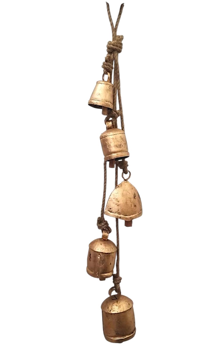 RW Handmade Iron Bell Hanging Chime 5 Bells Cluster for Wreaths, Outdoor, Indoor, Christmas, Decorations, 29 Inch Long Jute Rope