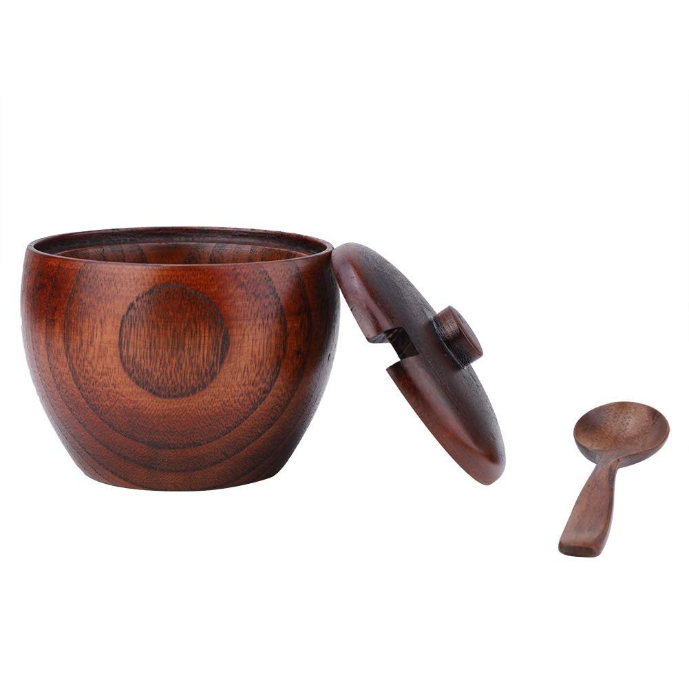 TOPINCN Solid Wood Jar Sugar Bowl, Salt Seasoning Box Japanese Style with Spoon and Lid, Kitchen Storage Container for Sugar Salt