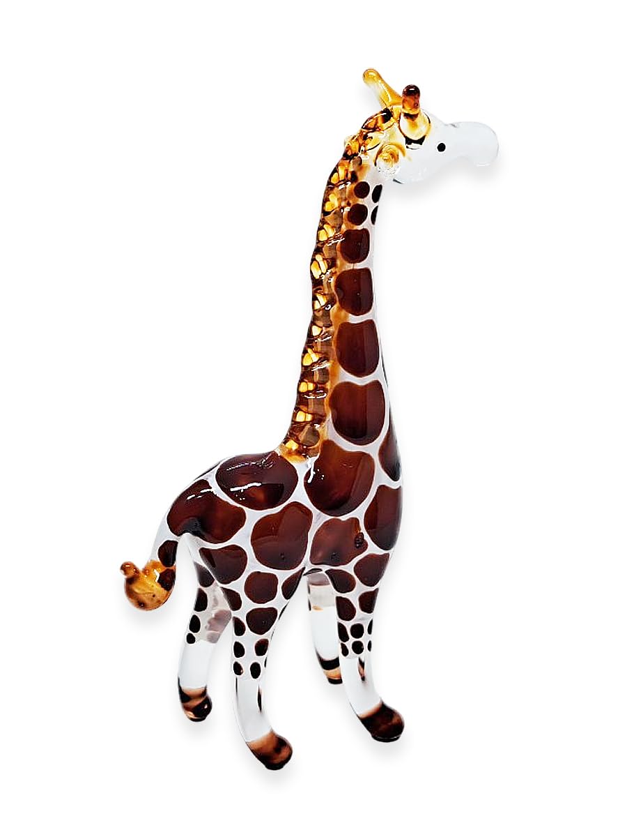 ChangThai Design Tiny 2⅝" High Brown White Giraffe Standing Figurine - Miniature Hand Blown Glass Giraffes Savanna Wildlife Long Neck Tallest Animals Crystal Decorative Collectible Figures Décor Gifts