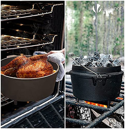VOUNOT Dutch Oven 9 Liters, Pre-Seasoned Cast Iron Pot with Carry Bag, Feet, Lid Lifter, Spiral Handle and Slot for Thermometer, for Camping, Cooking Baking
