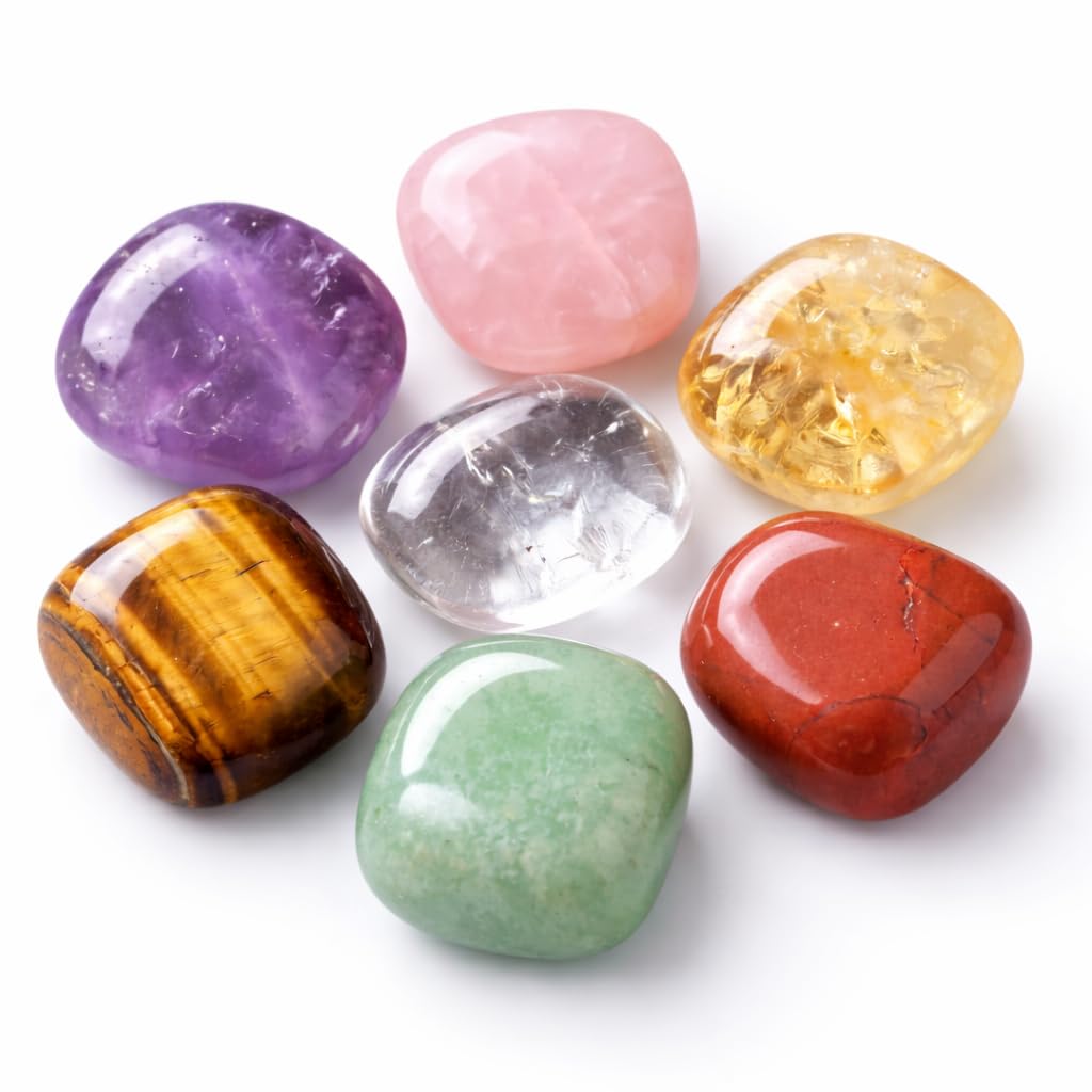 7 Chakra Crystal Stones Set – Healing Tumbled Gemstones for Meditation, Reiki & Chakra Balancing – Amethyst, Rose Quartz, Citrine, Clear Quartz, Tiger Eye, Green Aventurine & Red Jasper
