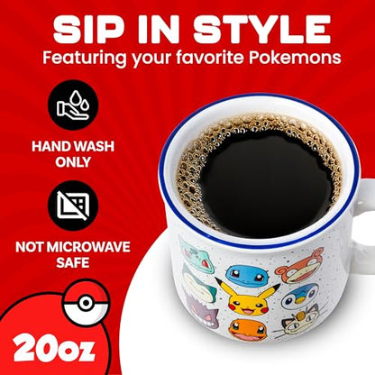 Silver Buffalo Pokemon Bulbasaur, Squirtle, Slowpoke, Snorlax, Pikachu, Piplup, Haunter, Charmander, and Meowth Camper Mug, 20 Ounces