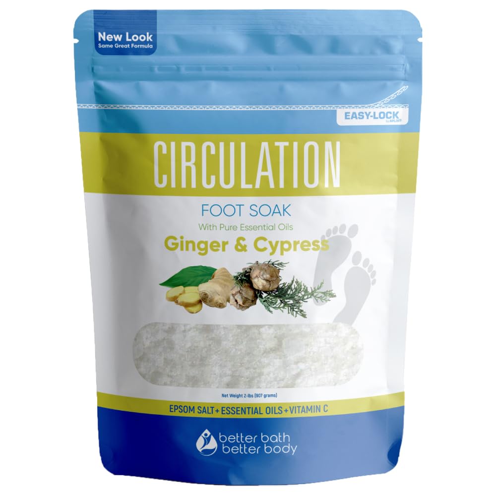 Circulation Foot Soak 32 Ounces (2 Lbs) Epsom Salt with Pure Essential Oils Ginger and Cypress Essential Oils Plus Vitamin C in BPA Free Pouch with Easy Press Lock Seal
