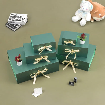 BoxSkivra Green Large Gift Box with Ribbon 1 Pack 13X11X5.3 Inch Large Gift Box with Lid Magnetic Closure Rectangle Collapsible Luxury Gift Boxes for Presents Crinkle Cut Paper Shred with Card