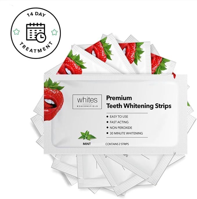 Whites Beaconsfield Teeth Whitening Strips, 28 Strips (14-Day Treatment) – Non-Peroxide Formula, Enamel-Safe, Brighten Teeth Fast, Removes Coffee, Wine, Smoke Stains, Safe for Sensitive Teeth