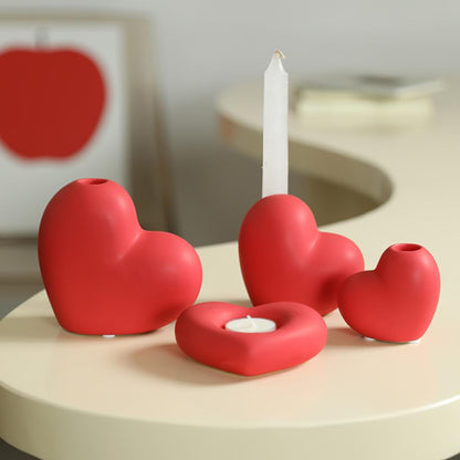 Valentines Day Ceramics Candlestick Holders Heart Candle Holders Decor for Mantel Wedding Festival Party Table Centerpiece Romantic Gift (Red Matte 1)
