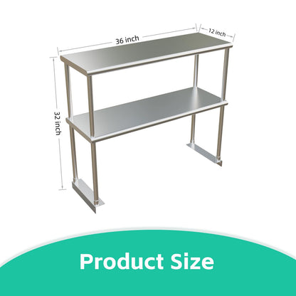 STABLEINK NSF Stainless Steel Double Overshelf for Prep & Work Table 12x36 Inches, 2 Tier Rack Shelves for Commercial Restaurant, Home Kitchen, Laundry and Garage