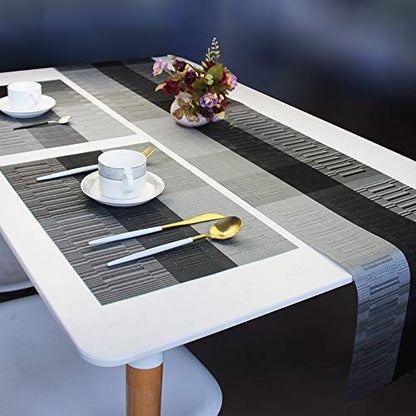 PIGCHCY Elegant Placemats with Matching Table Runner,Washable Vinyl Woven Table Mats Sets(6pcs Placemats+1pcs Table Runner, Black)