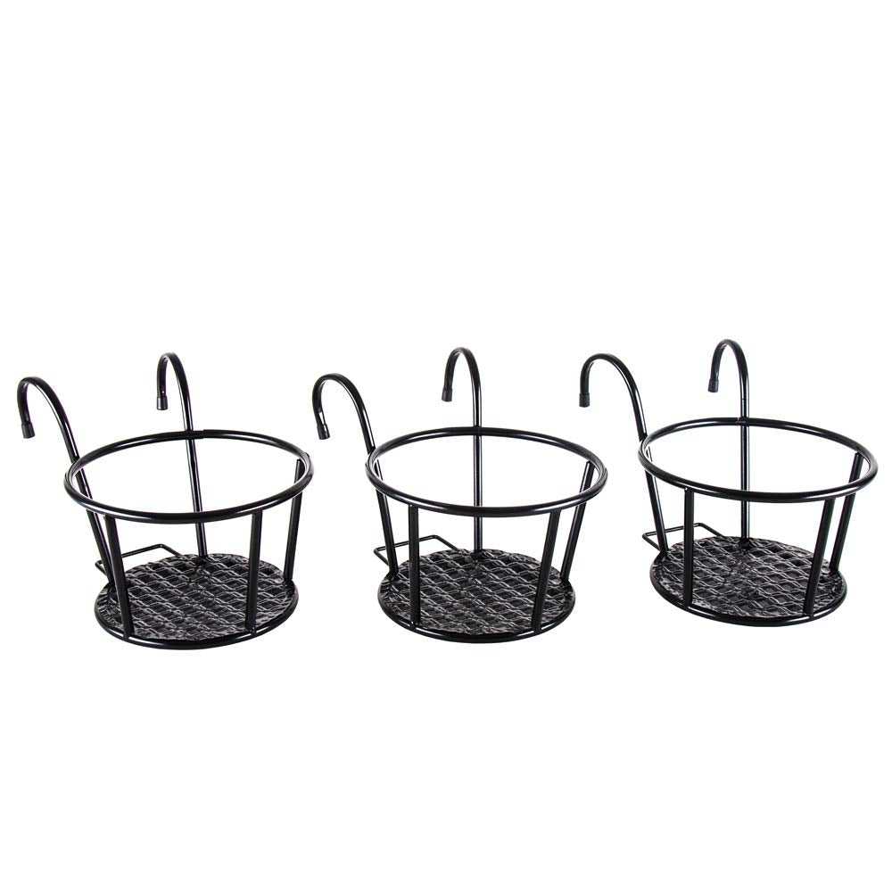 HowRU Iron Art Hanging Baskets Flower Pot Holder - Over The Rail Metal Fence Planters - Pack of 3 - Black