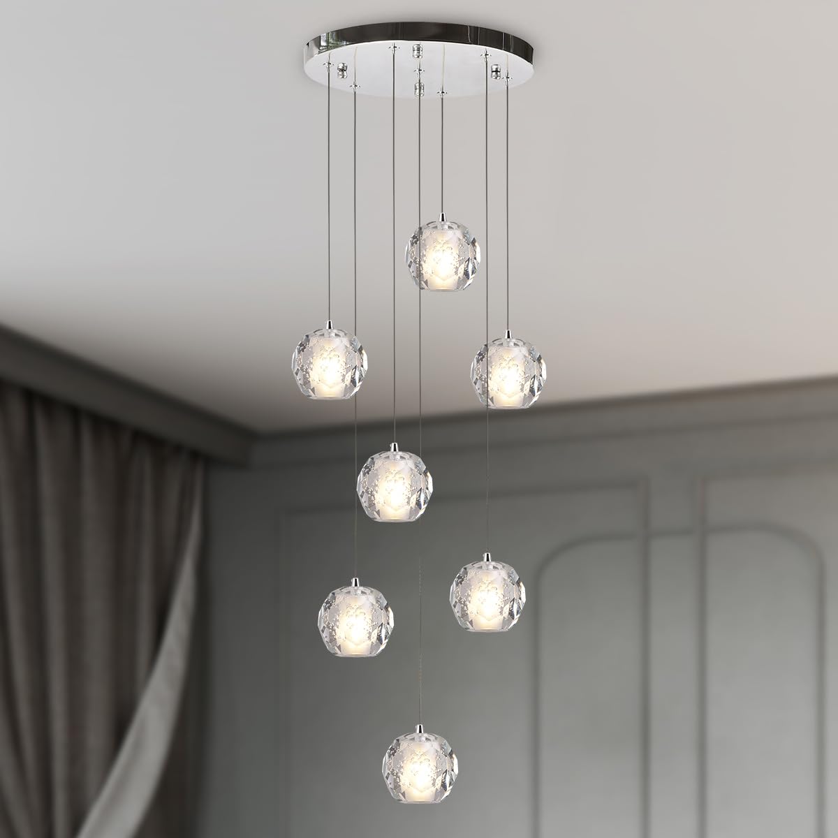 Yaskina Cluster Pendant Light, Modern 7 Lights Chrome Crystal Chandelier, Bubble Raindrop Pendant Lighting 59" Long Light Fixture for Foyer Entryway Staircase