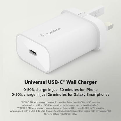 Belkin BoostCharge 25W Wall Charger with PPS, USB Plug with USB-C Power Delivery, Fast Travel USB Charger for iPhone 17, Air, Samsung Galaxy S25, iPad, Pixel, tablets and more - White
