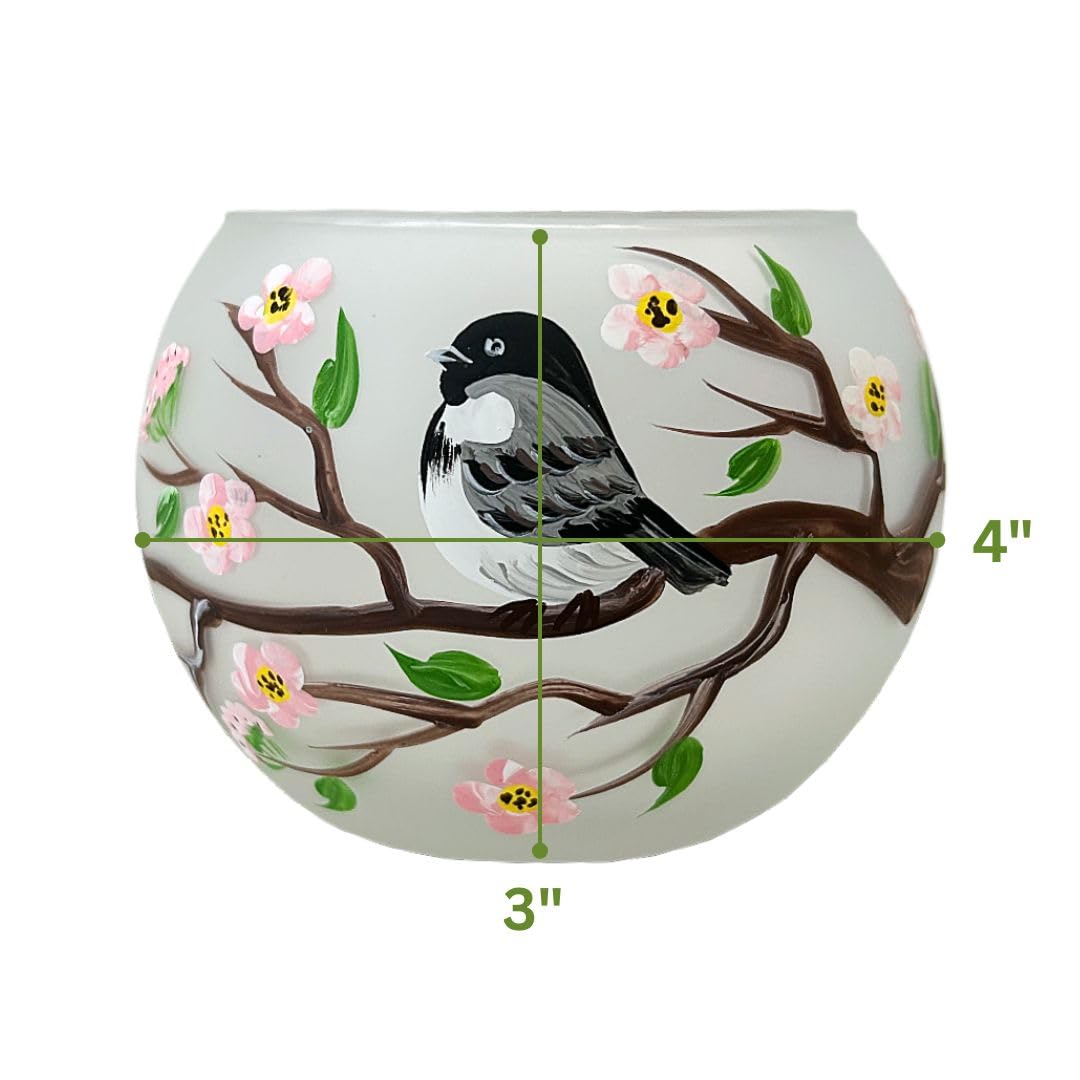 Decorvo Christmas Tea Light Candle Holder Glass - Hand Painted Mouth Blown Glass Candle Holder - Medium, Chickadee