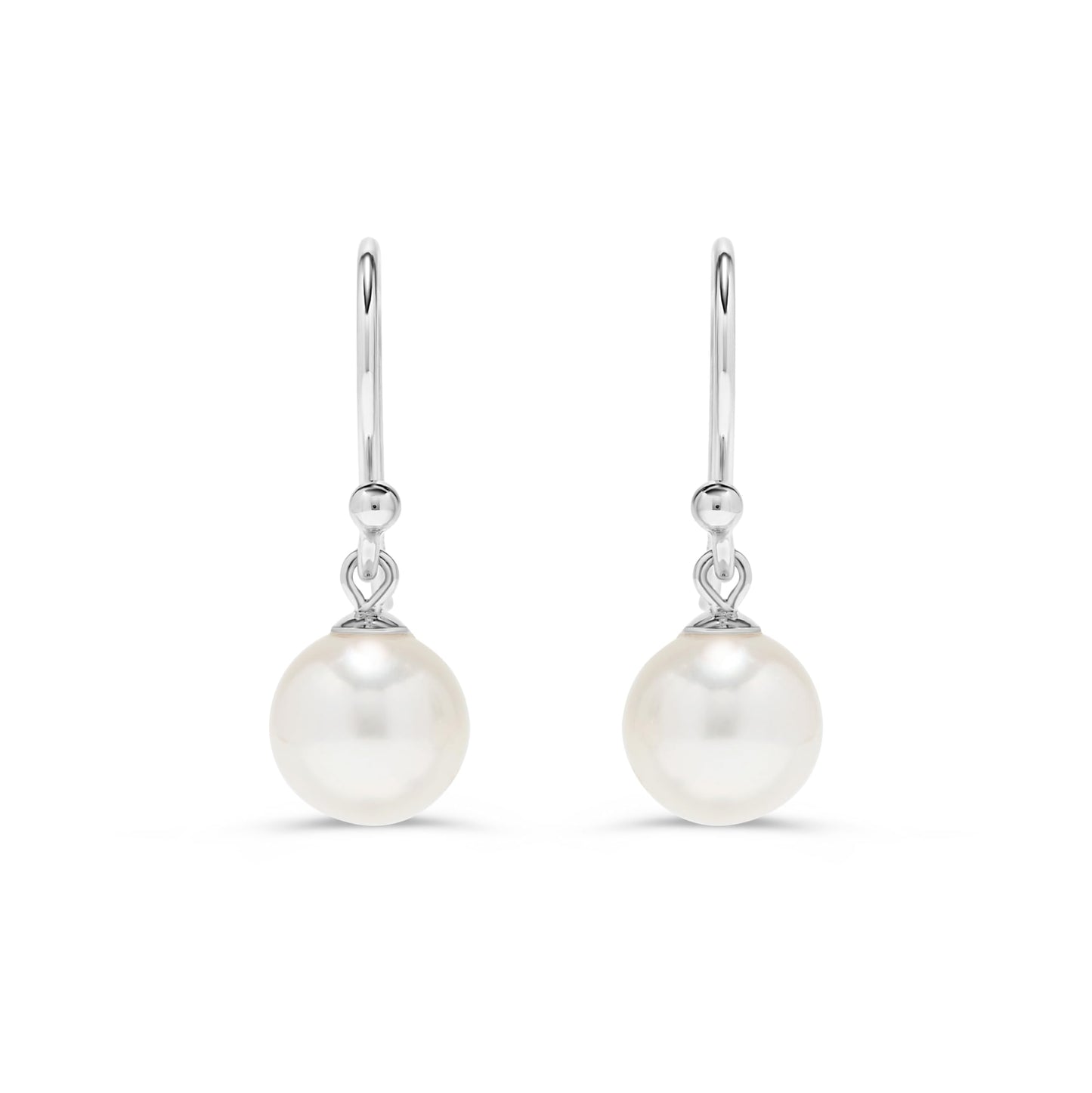 .925 Sterling Silver AAA 7.5-8mm Round White Freshwater Cultured Pearl French Wire Hook Dangling Drop Earrings