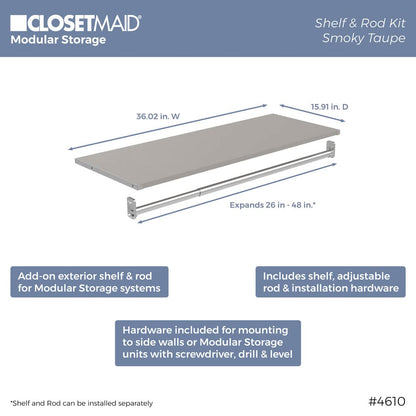 ClosetMaid 4598 Modular Storage Stackable Unit with 4 Drawers, Taupe & 4610 Modular Storage Shelf and Hang Rod Kit, Taupe