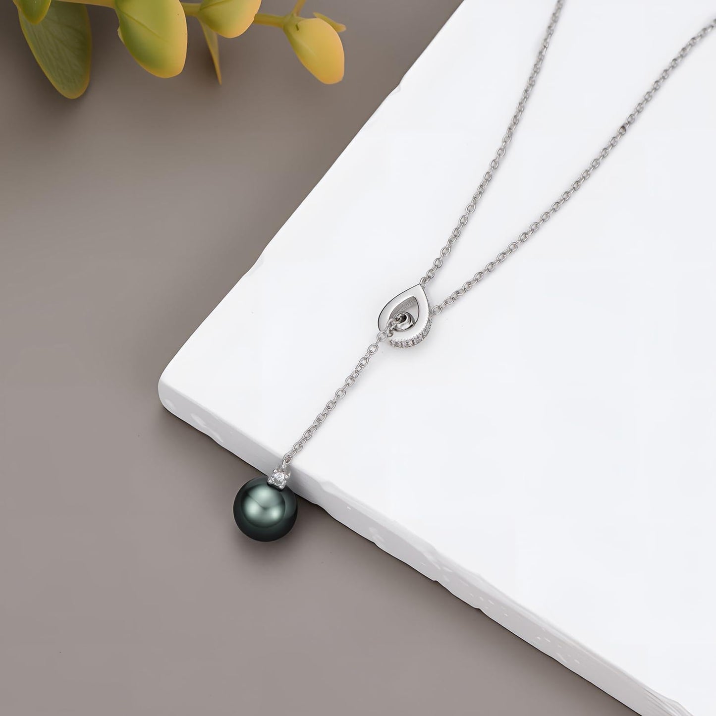 Black Pearl Necklace for Women 9-10mm Tahitian Single Pearl Y-Shaped 18k White Gold Plated Silver 18+2 Inches Adjustable