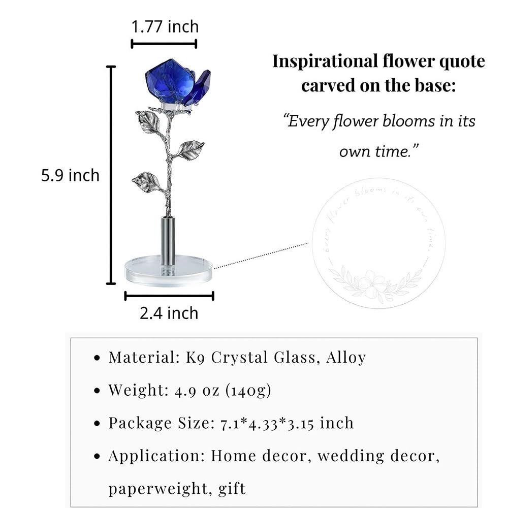 DLXK Crystal Flower Rose Figurine Faceted Glass Rose Statue Engraved Base Gift for Her Collectible Ornament Home Decor (Blue)