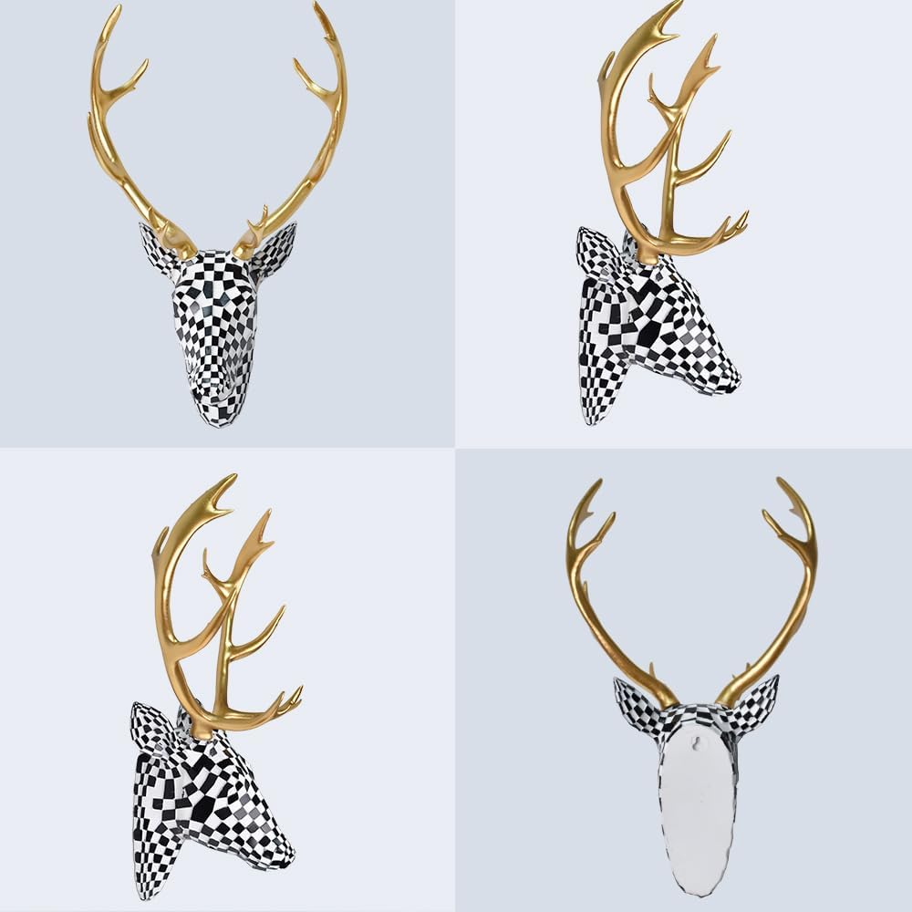 GIGICICI Mosaic Deer Head Wall Decor 15.7x8.7 Inch, Artistic Faux Resin Animal Head Wall Sculpture Hanging for Living Room Bedroom Kitchen Office, Black-White Gift