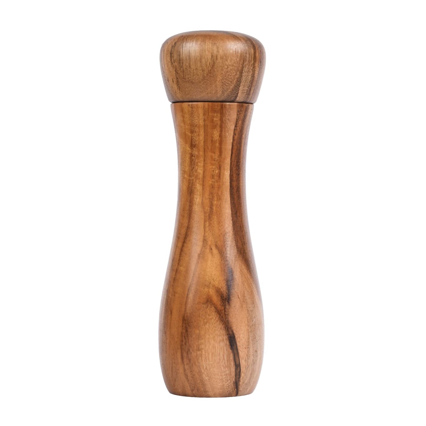 DeroTeno Pepper Mill, Pepper Grinder, Adjustable Ceramic Grinder for Both Pepper and Salt, Acacia Wood, Height 20.5 cm / 8 inch, Dia 6 cm(Tray is NOT Included)
