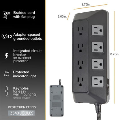 GE UltraPro Adapt 12-Outlet Surge Protector, 6ft Braided Heavy Duty Extension Cord, Flat Plug Power Strip, 3540 Joules, Black, 74542