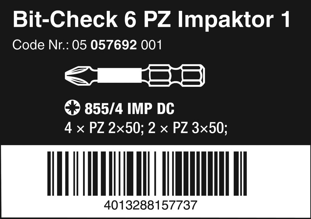 Wera Bit-Check 6 PZ Impaktor 1 Diamond Coated TriTorsion Long Service Life Pozidriv Bit Set, 6pc, 05057692001