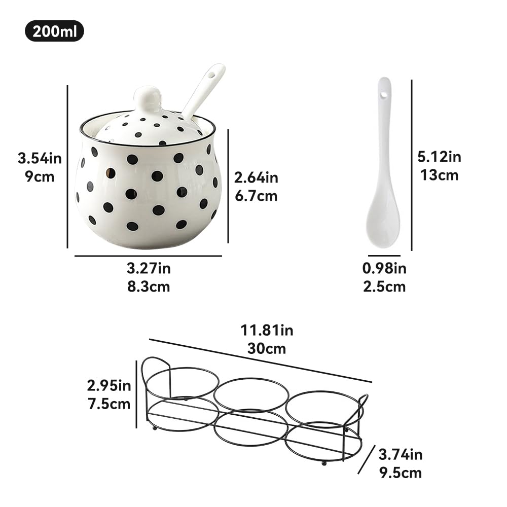 Ceramic Spice Jars Porcelain Condiment Jars Set with Spoon and Lid Condiment Pots for Salt, Sugar, Pepper Seasonings Set of 3 (Black Tabletop Rack)