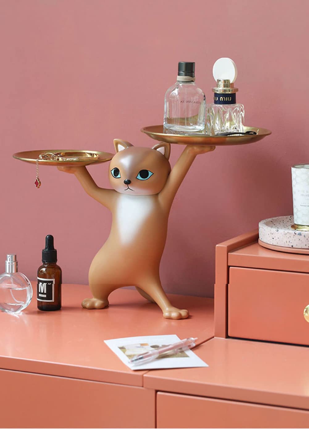 Slowtee Resin Cat Decorative Tray Figurine, Enchanting Dancing Funny Statue for Home/Bedroom/Office Entrance Table Decor, Sculpture for Candy/Snacks/Key/Gadgets Storage (Brown)