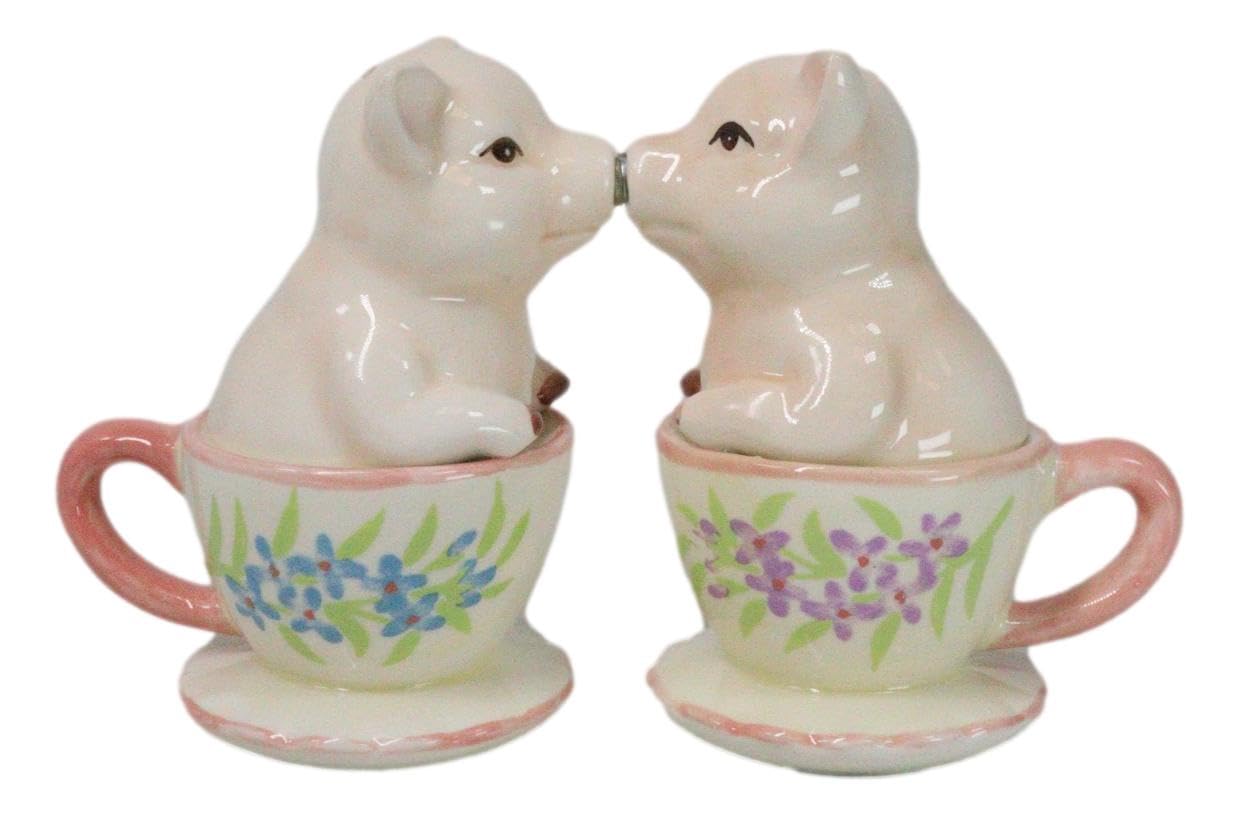 Ebros Ceramic Pastel Pink Adorable Tea Cup Pigs In Miniature Teacups Kissing Salt And Pepper Shakers Set Valentines Love Porky Pig Themed Figurines Party Kitchen Collectible Decorative Accents