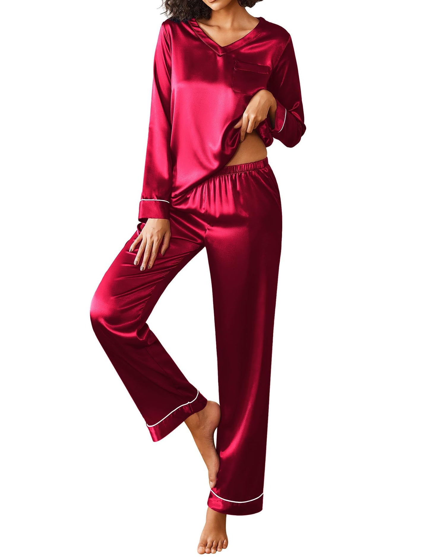 Ekouaer Silk Pajama for Women Long Sleeve Satin Pj Set Two Piece Soft Sleepwear Loungewear S-XXL