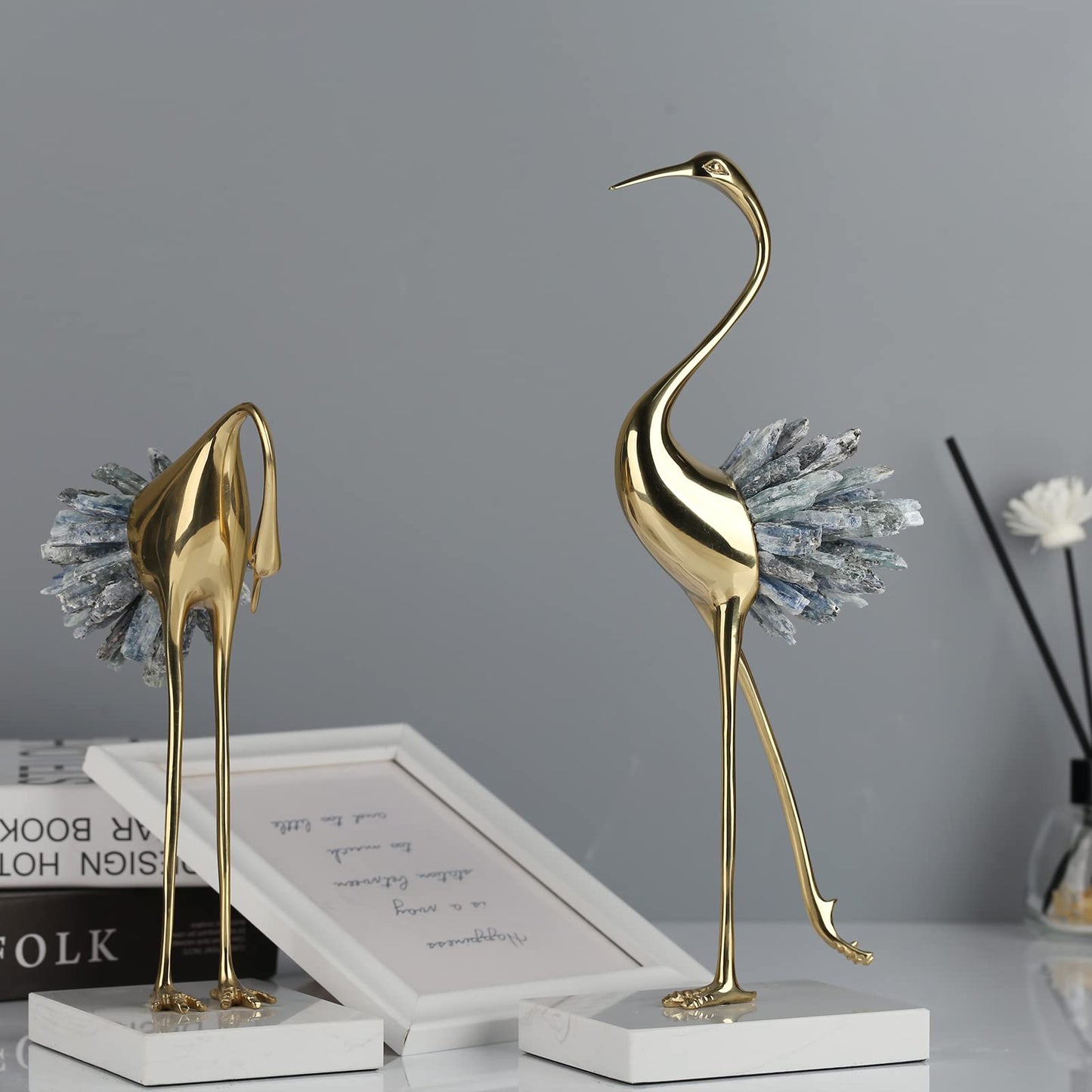 suruim Gold Decor Accents,Brass Birds Statues Gold Home Decor Modern Crystal Decor Ornaments for Living Room, Bedroom, Office Desktop, Cabinets (Blue B)