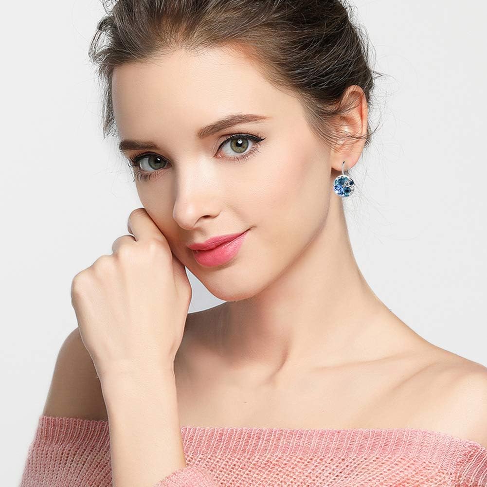 Multicolored Austrian Crystal Earrings for Women 14K Gold Plated Leverback Dangle Hoop Earrings (Blue Main Crystal/Silver-tone)