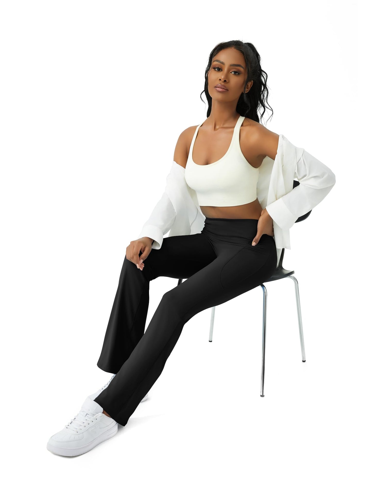 Womens Yoga Pants with Pockets High Waisted Flare Leggings Bell Bottom Yoga Dress Pants Seamless Bootcut Pants