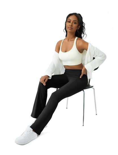 Womens Yoga Pants with Pockets High Waisted Flare Leggings Bell Bottom Yoga Dress Pants Seamless Bootcut Pants