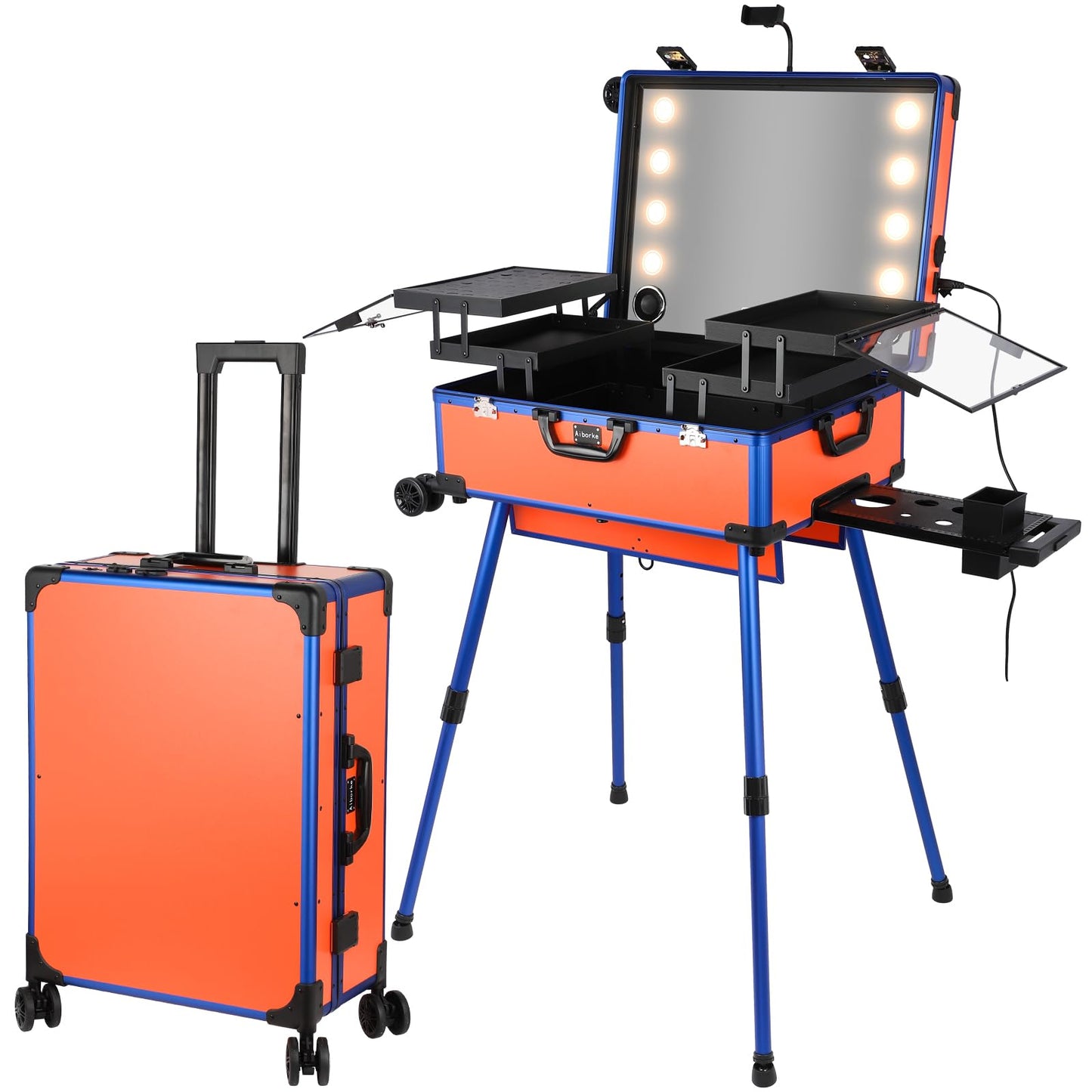 Aiborke Rolling Makeup Train Case with Lighted Mirror and Bluetooth Speaker Professional Cosmetic Organizer Case with Wheels, Stands Portable Makup Station Vanity for Travel (Orange, Large)