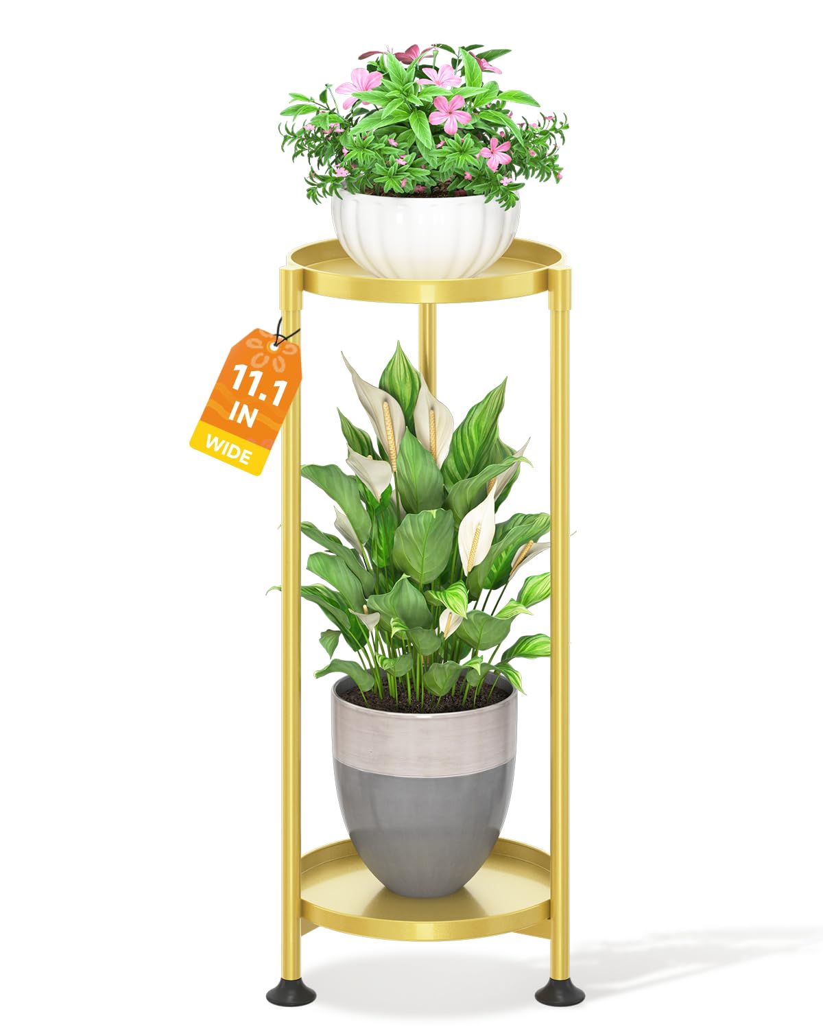 LASZOLA 2 Tier Gold Plant Stand Indoor for Large Tall Heavy Duty Flower Planter, Metal Vertical Multi Level Rack for Narrow Floor Corner, Sturdy Round Holder Organizer, Modern, Mid Century, Farmhouse