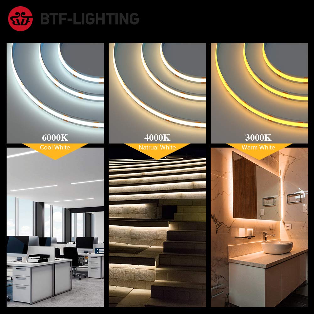 BTF-LIGHTING COB LED Strip Light 5M 528LEDs/m FCOB Dimmable Light Uniformity Flexible High Density Warm White 24V 10mm Width LED Tape for Bedroom Kitchen Home Interior Decoration(Only LED Strip)