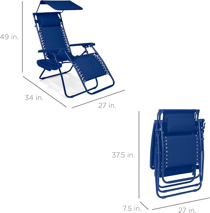 Best Choice Products Folding Zero Gravity Outdoor Recliner Patio Lounge Chair w/Adjustable Canopy Shade, Headrest, Side Accessory Tray, Textilene Mesh - Marine