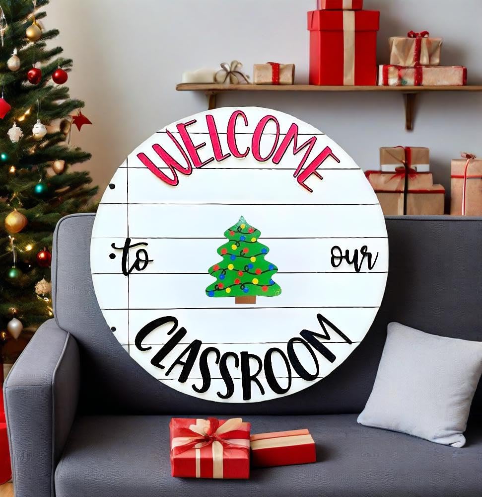 Welcome to Classroom Front Door Decoration Sign, Seasonal Door Sign,- Interchangeable Wooden Plaque for Classroom/Home, DIY Wall Decor for Christmas Holidays & Back-to-School (B-12 Patterns)