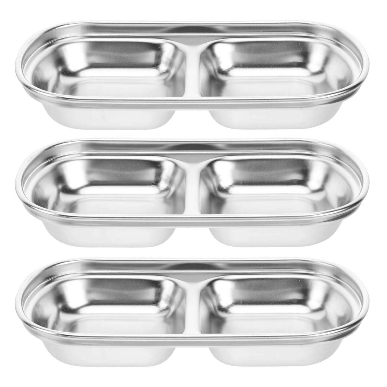 Hemoton 3Pcs Stainless Steel Seasoning Dishes,2 Grid Dipping Sauce Dishes Rectangle,Appetizer Plates,Dipping Sauce Bowl for Soy Vinegar BBQ-Chip and Condiments
