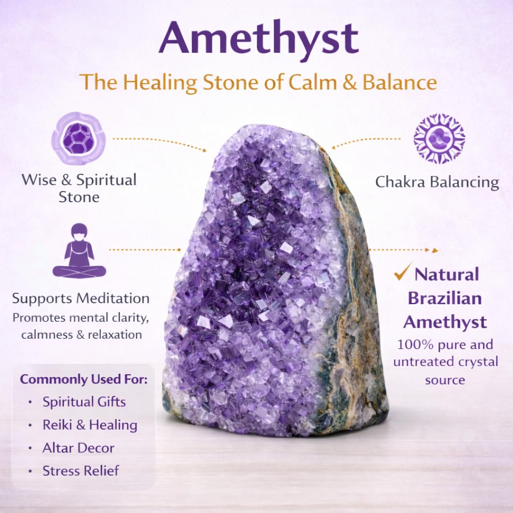 Natural Amethyst Cluster Crystal (0.5–1 lb) Raw Purple Amethyst Druzy Geode from Brazil – Healing Crystal for Meditation, Chakra Energy Balance, Reiki, Spiritual Decor & Home Decoration