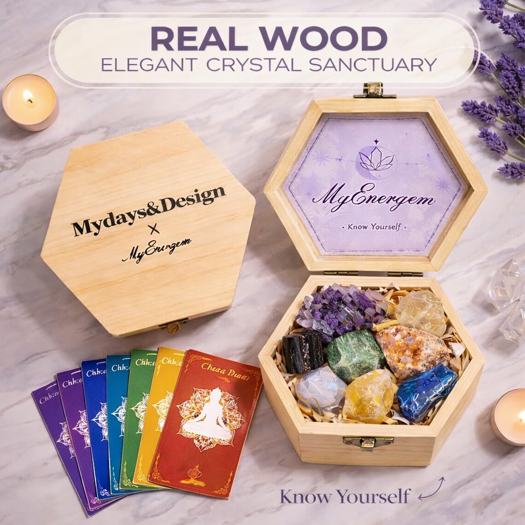 MYDAYS&DESIGN 7 Chakra Crystals Set for Meditation, Yoga Decor Gift with Amethyst Cluster, Lapis Lazuli, Green Aventurine, Citrine, Sunstone, Black Tourmaline, Crafted Box and Guide Book