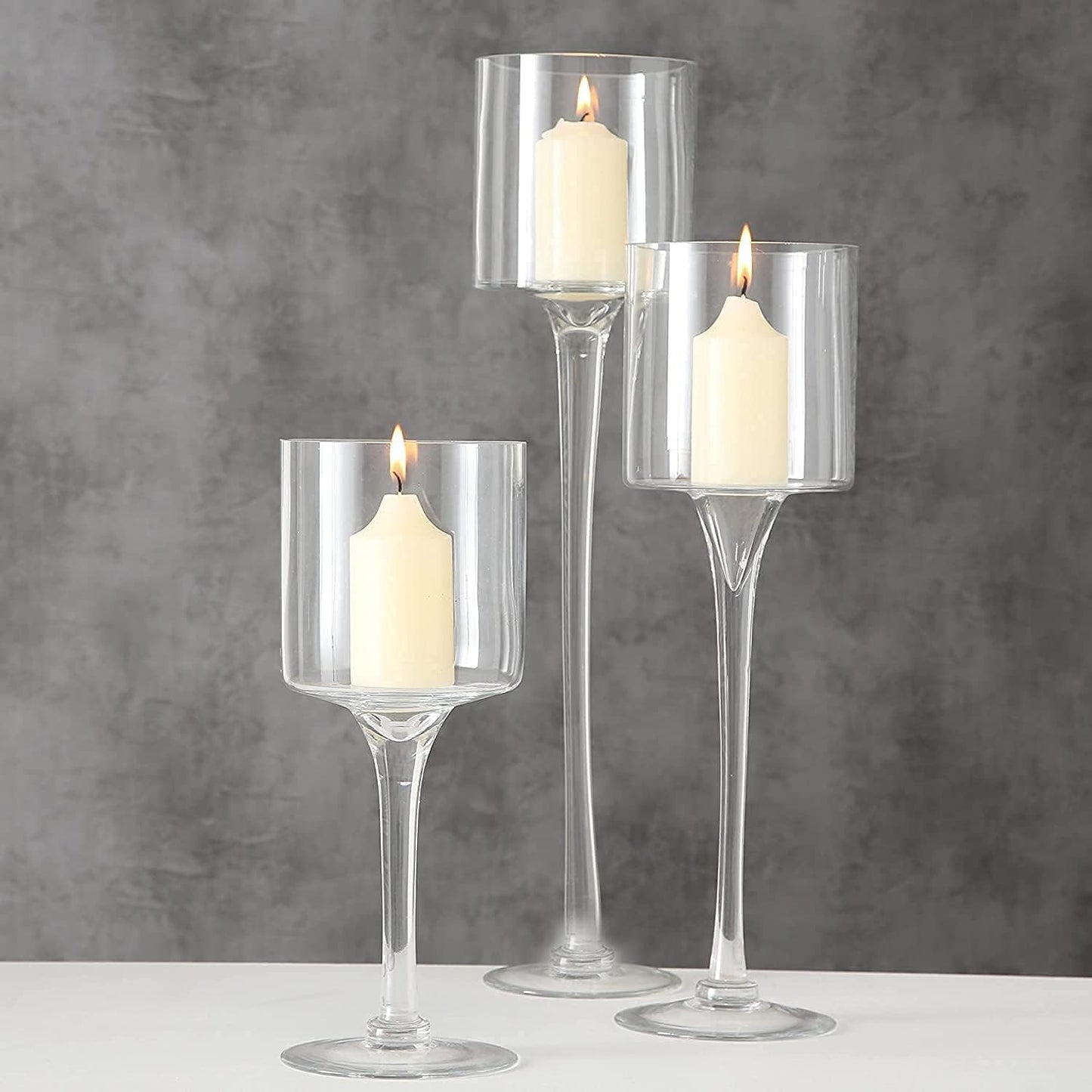 Glass Candleholders Tea Light Candle Holders Clear Wedding Weddings Hurricane Tall Elegant Ideal for Dining Party Home Decor Parties Table Settings Gifts Different Sizes (1 Set Large Clear)
