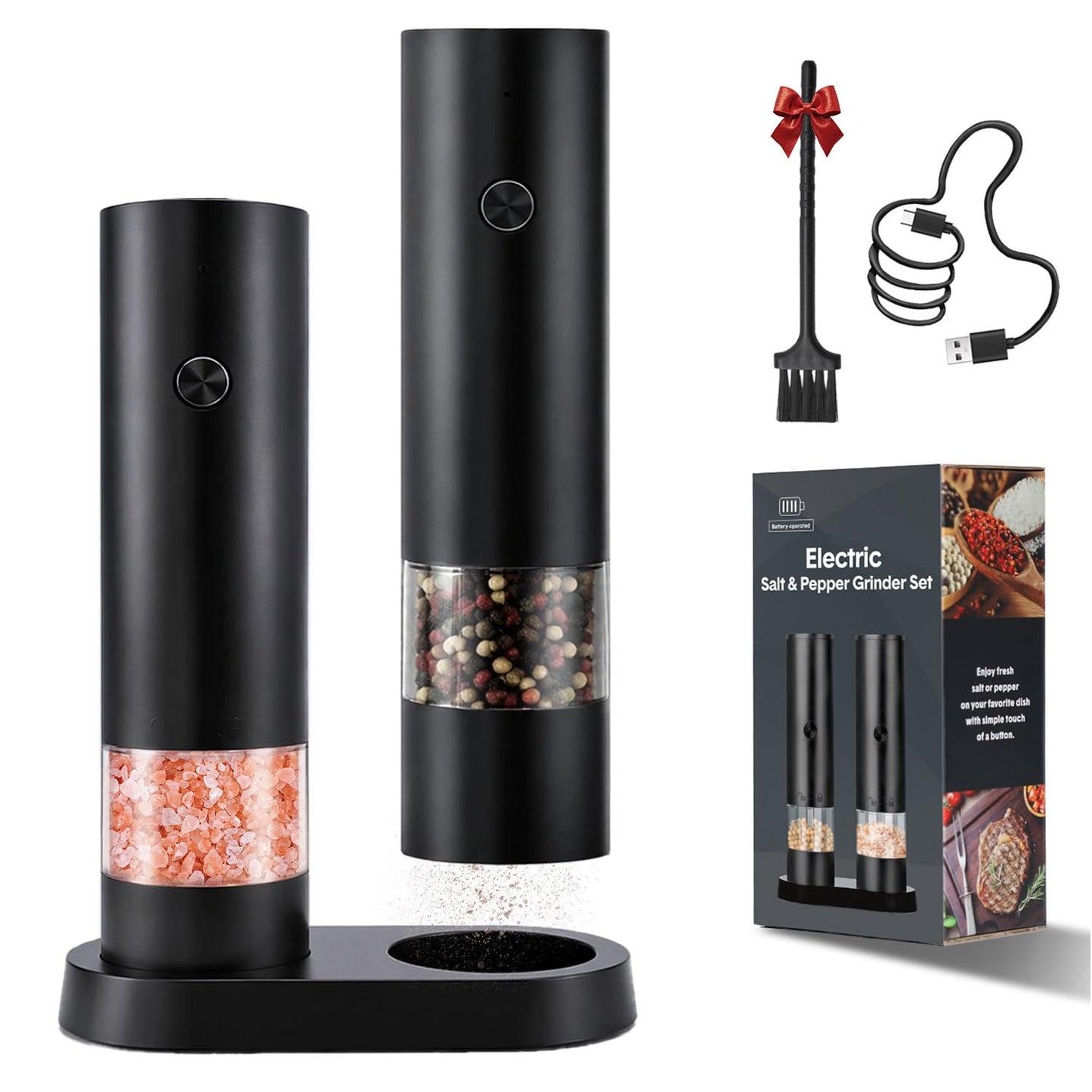 Electric Salt and Pepper Grinder Set, Rechargeable Automatic Salt and Pepper Shakers, One-Handed, Adjustable Coarseness, Pepper mills with stand, Seasoning Tools for Kitchen, Home Gifts