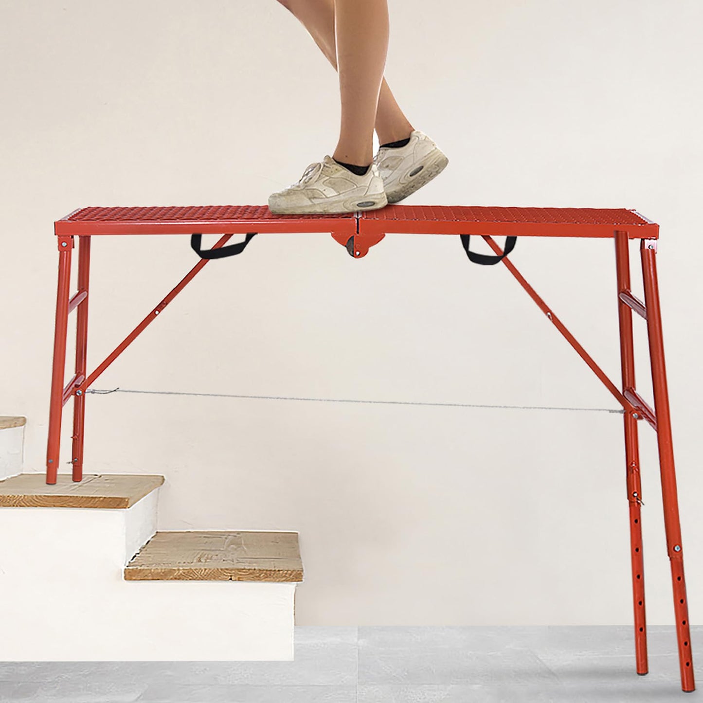 LEADALLWAY Scaffolding Platform 770 Lbs Capacity 70(L) x15(W) x33(H) Folding Adjustable Portable Work Platform Ladder,Red