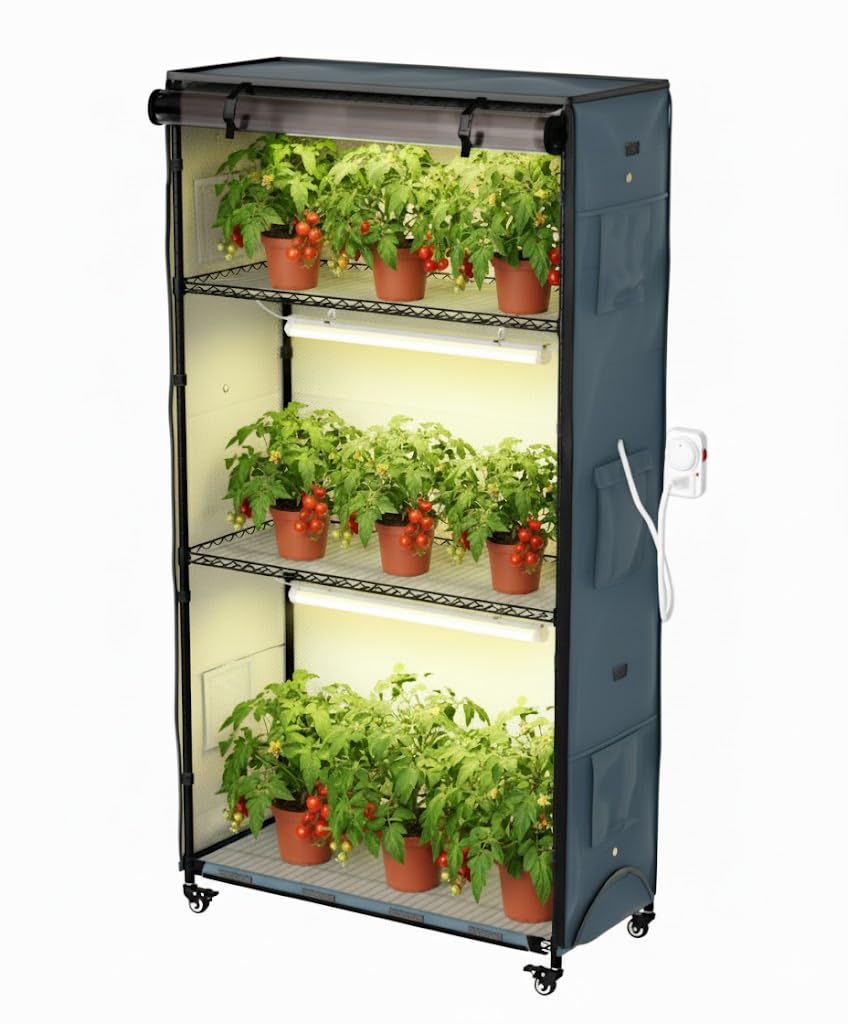 Indoor Tomato Greenhouse with Grow Lights, 4-Tier Portable Plant Stand with 3 Full Spectrum T8 Lights, Timer, Thermometer, Ventilation & Wheels, Smoked PVC Cover for Herbs Vegetables Seedlings