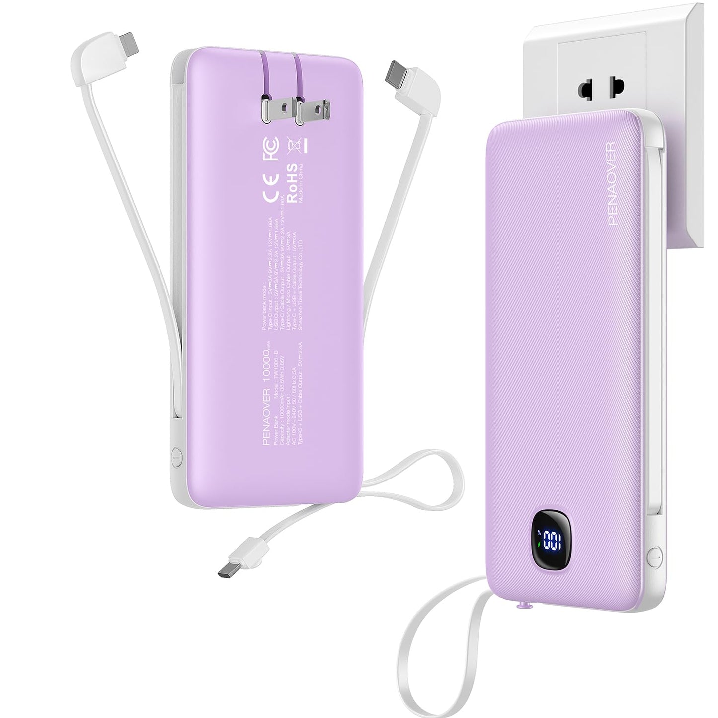 Portable Charger with Built-in Cables&AC Wall Plug,Slim 10000mAh 22.5W Fast Charging Power Bank,5 Output 2 Input USB-C External Battery Pack Compatible with iPhones,Samsung,Android, etc