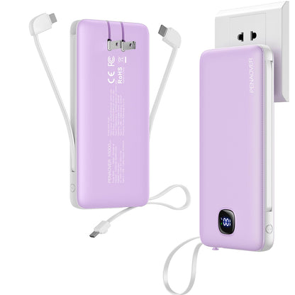 Portable Charger with Built-in Cables&AC Wall Plug,Slim 10000mAh 22.5W Fast Charging Power Bank,5 Output 2 Input USB-C External Battery Pack Compatible with iPhones,Samsung,Android, etc