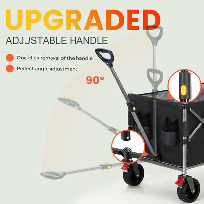 Overmont 300L Folding Festival Trolley Cart - All-terrain Extra Wide Wheels and Brake - Heavy Duty Cart Load up 150KG - with Adjustable Handle & Cover Bag - Wagon for Beach Camping Garden, Black